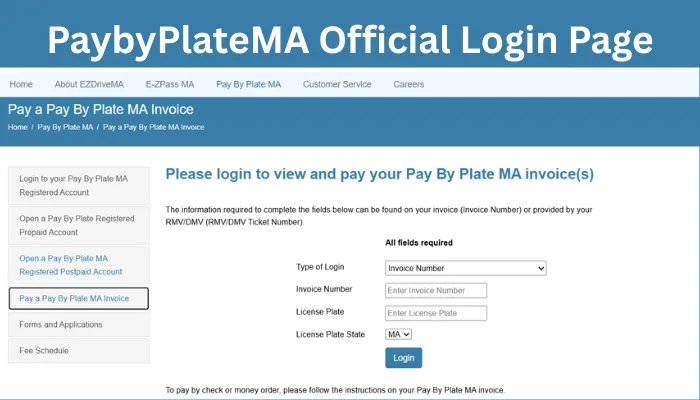 Screenshot of Official PayByPlate MA Login Page